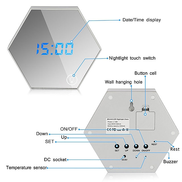 Multifunctional Hexagonal Mirror Alarm Clock